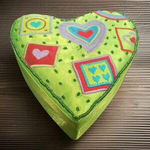 1999 Vintage Embellished Sequin Heart Gift‎ Box Green  Trinket Keepsake Jewelery